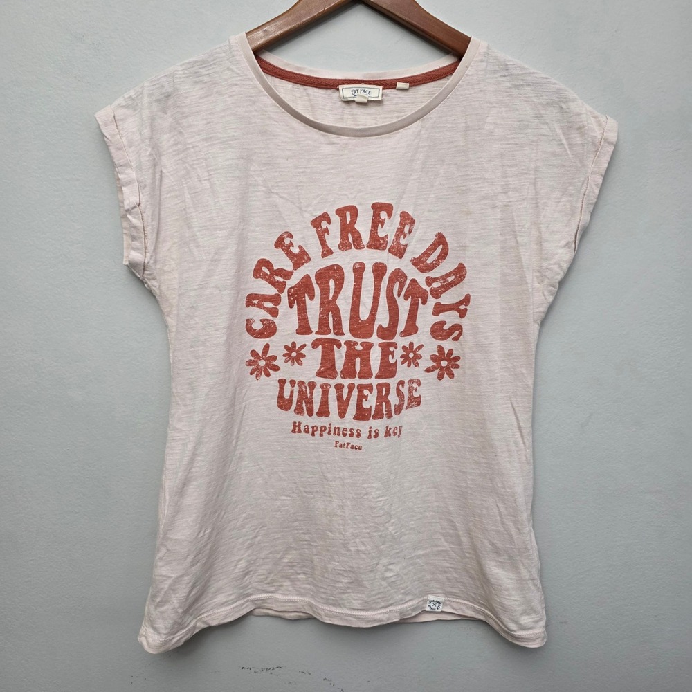 FatFace Tee Womens 4 Pink Trust The Universe Slub Cotton Boho Casual Shirt